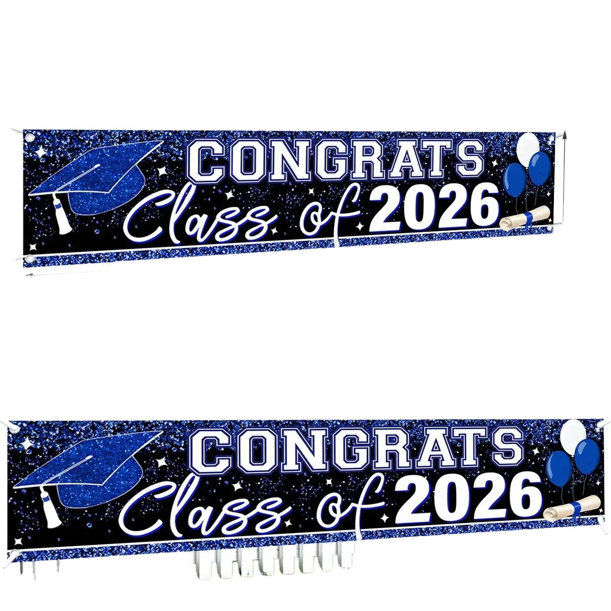 Blue glittery polyester graduation banner for class of 2026 with cap and balloons design party supplies