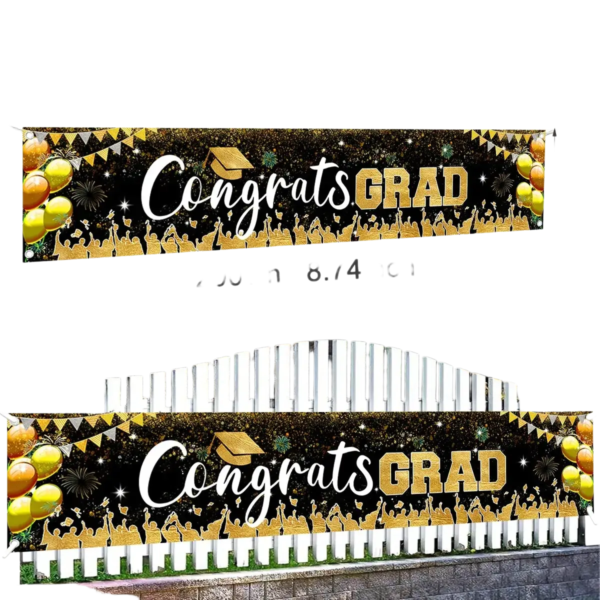 Gold and black glittery graduation banner with balloons and silhouettes for graduation banner class of 2026 party supplies
