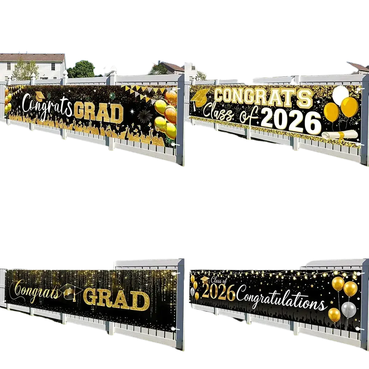 Gold and black graduation banner class of 2026 with glittery text, balloons, and confetti for party supplies