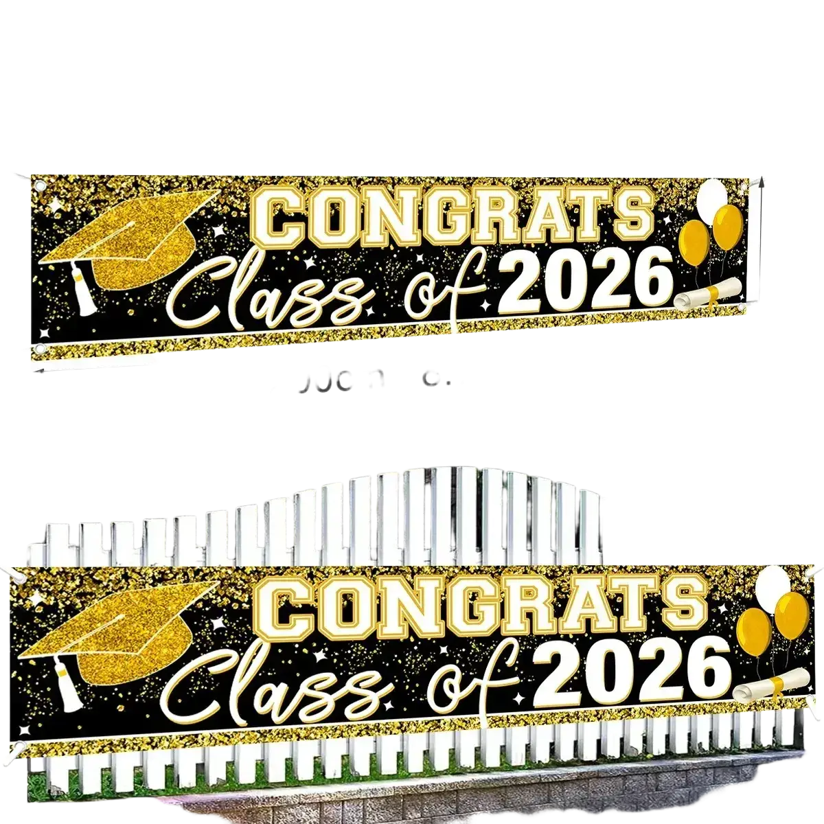 Gold glitter graduation banner class of 2026 with mortarboard and balloons design on black background party supplies