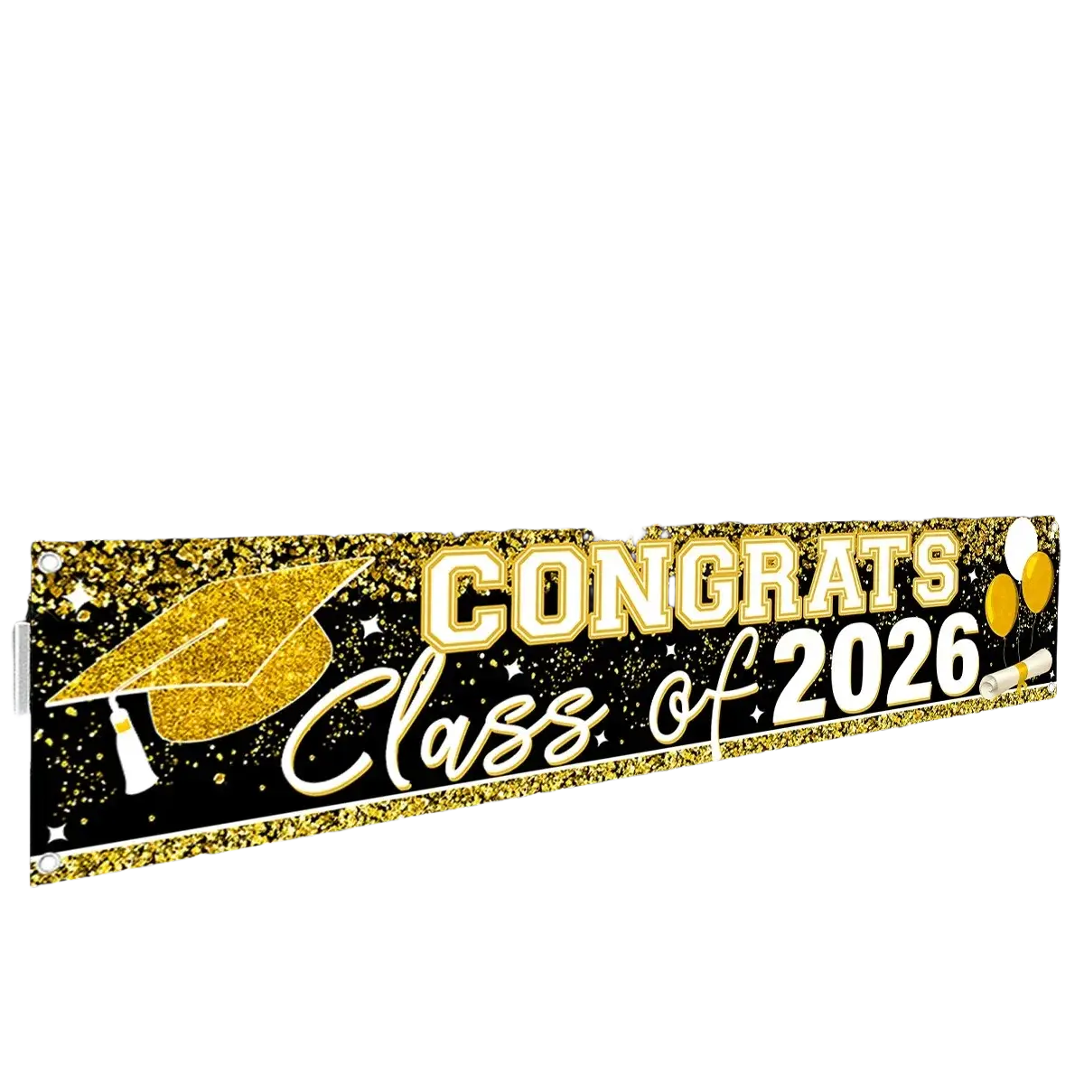 Gold glitter graduation banner with congrats class of 2026 text and sparkling cap design for party supplies