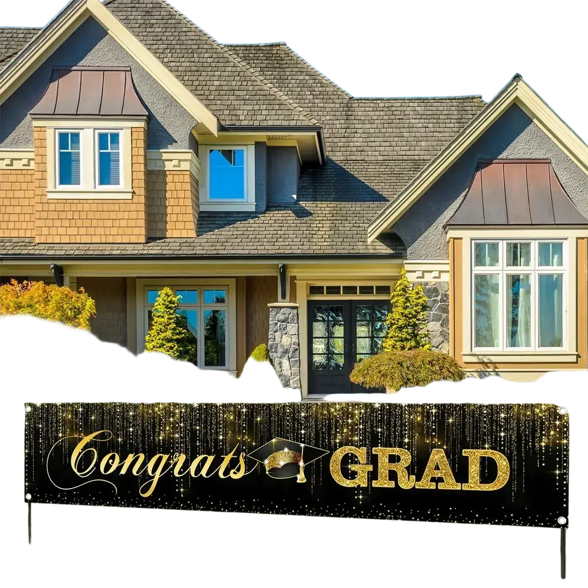 Gold glitter congrats grad graduation banner class of 2026 with cap icon and sparkling effects for party supplies