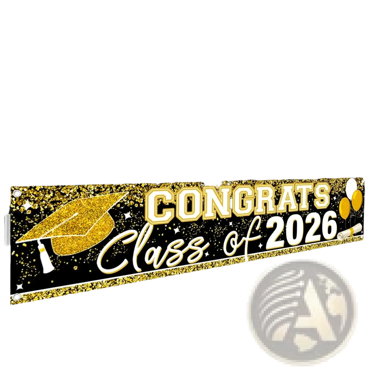 Gold glitter graduation banner with congrats class of 2026 text and sparkling cap design for party supplies