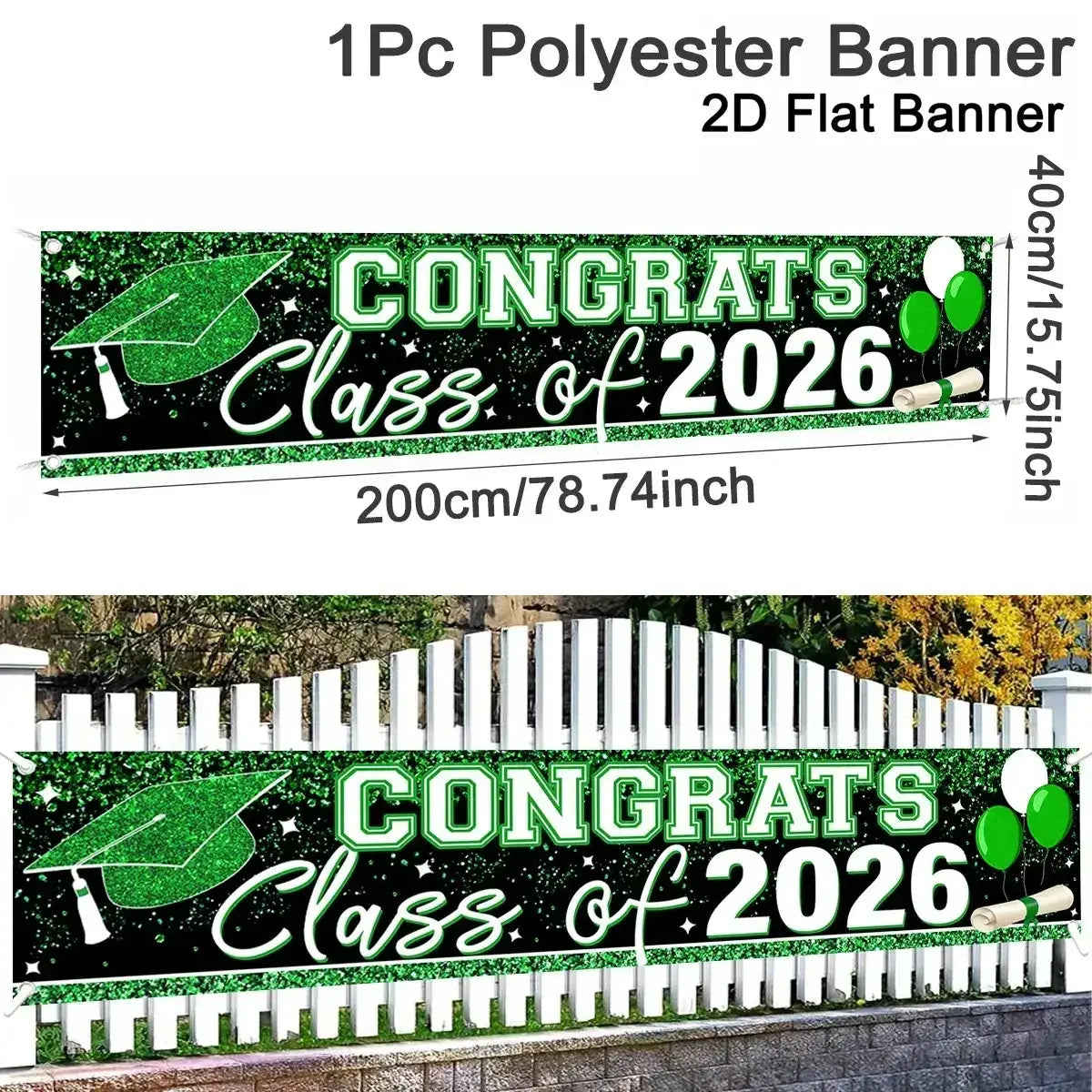 Green glittery graduation banner class of 2026 with mortarboard balloons and diploma graphic for party supplies