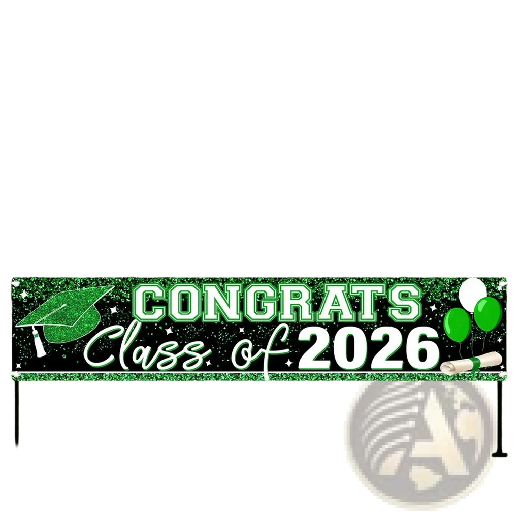 Green glittery graduation banner class of 2026 with mortarboard balloons and diploma graphic for party supplies