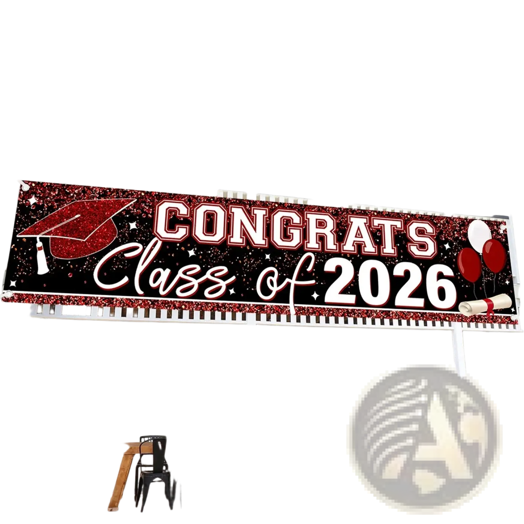 Red glitter graduation banner with congrats class of 2026 text red cap graphic and balloons for party supplies