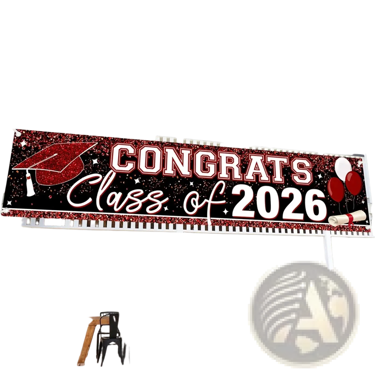 Red glitter graduation banner with congrats class of 2026 text red cap graphic and balloons for party supplies