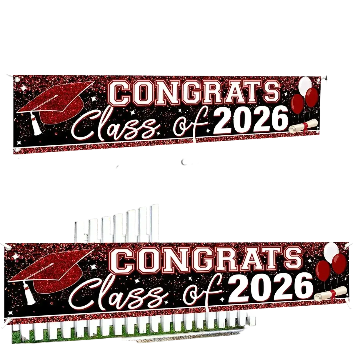 Red glittery graduation banner class of 2026 with white and red lettering, mortarboard, balloons, and diploma graphic party supplies