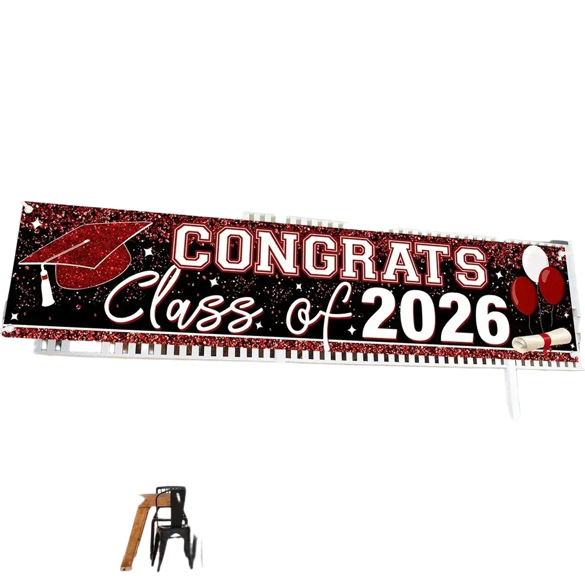 Red glittery graduation banner class of 2026 with mortarboard balloons and diploma graphic for party supplies