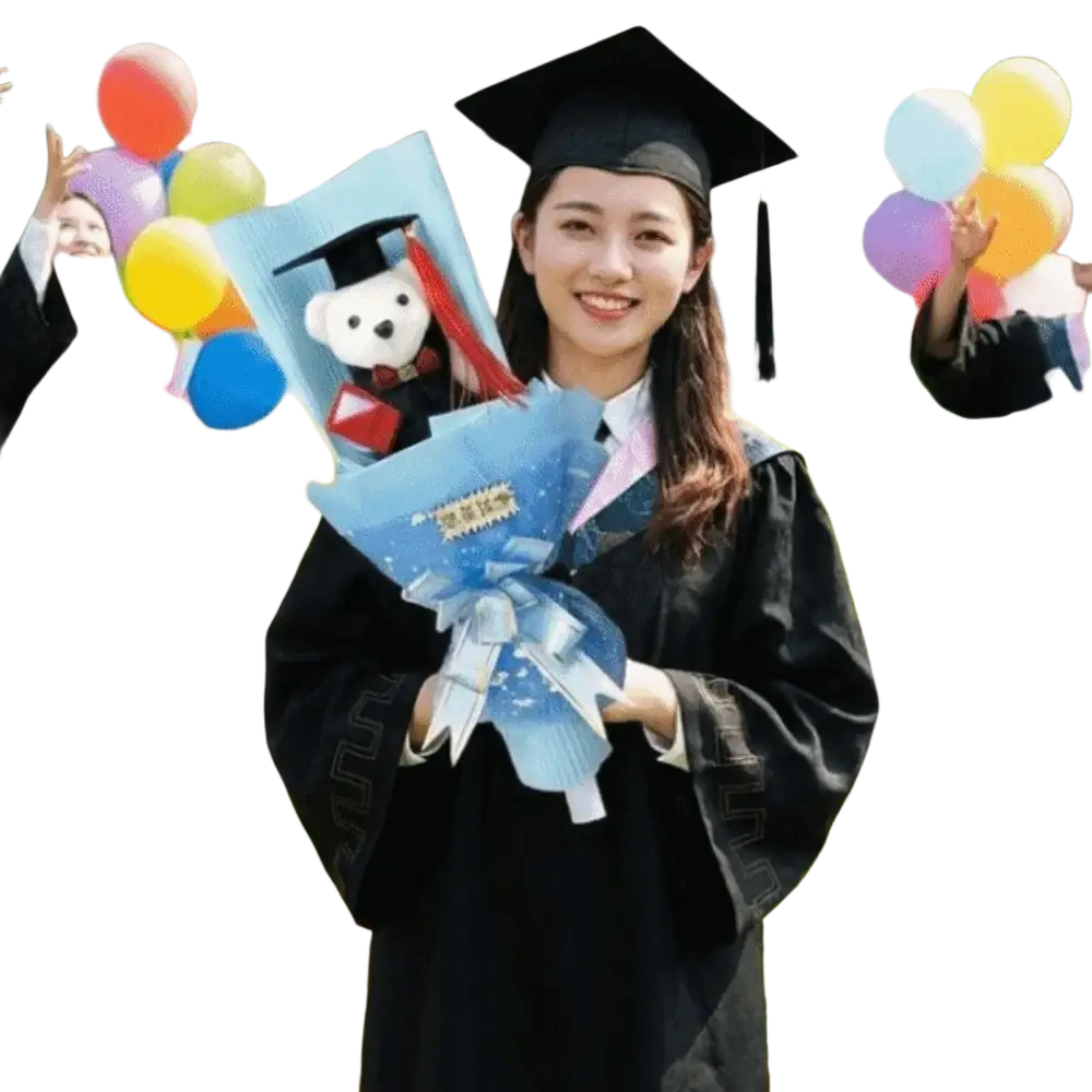Black plush graduation bear bouquet toy wearing a gown with embroidered trim and matching cap for gift giving