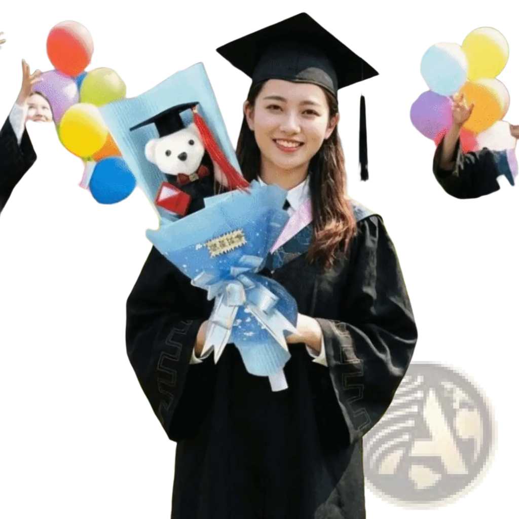 Black plush graduation bear bouquet toy wearing a gown with embroidered trim and matching cap for gift giving