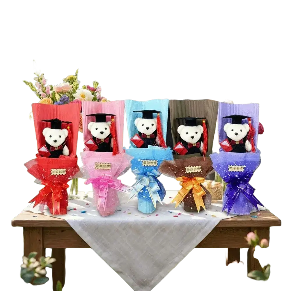 Graduation bear bouquet plush stuffed toy gift with white bears in black caps gowns and colorful paper ribbons
