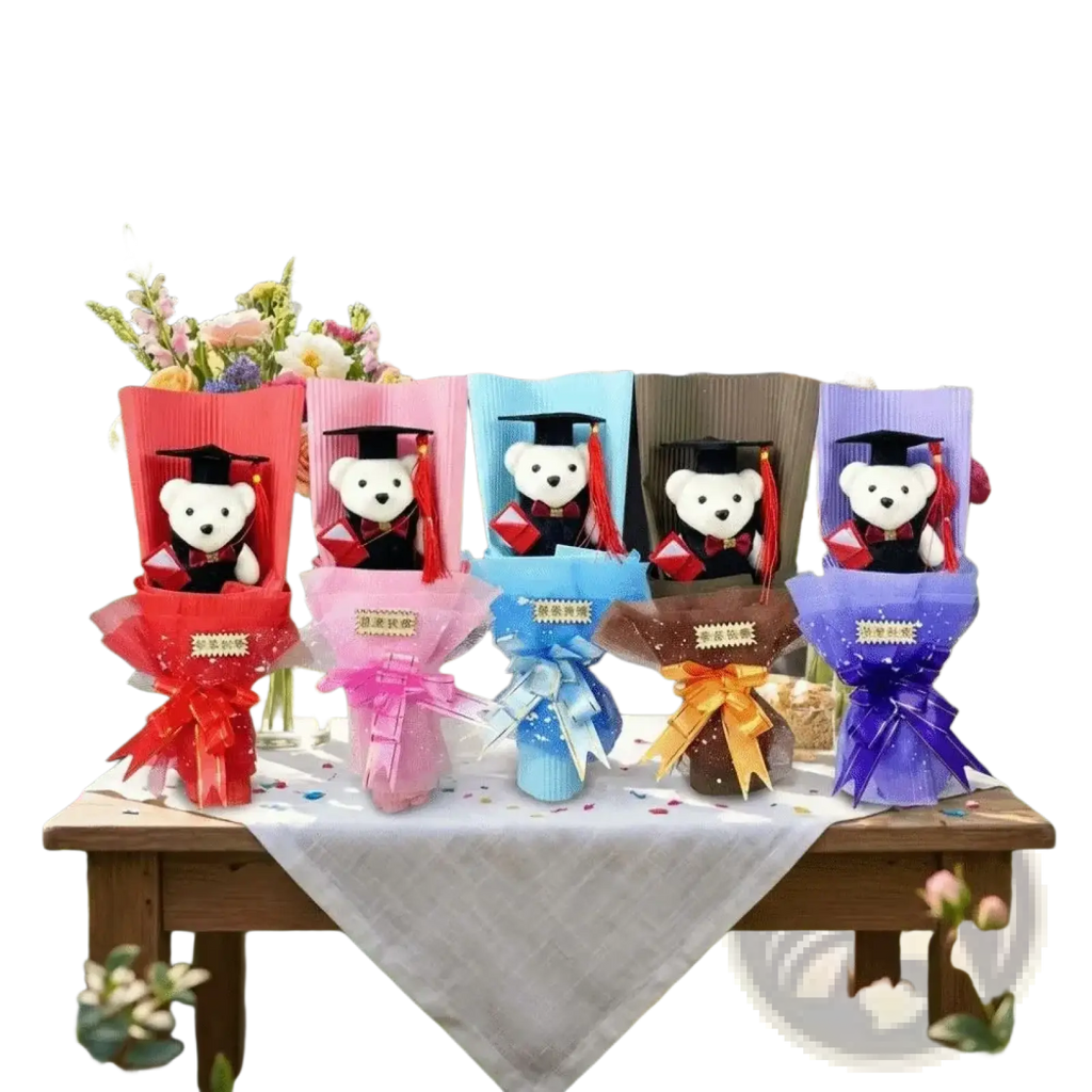 Graduation bear bouquet plush stuffed toy gift with white bears in black caps gowns and colorful paper ribbons