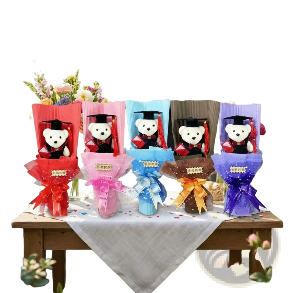 Graduation bear bouquet plush stuffed toy gift with white bears in black caps gowns and colorful paper ribbons