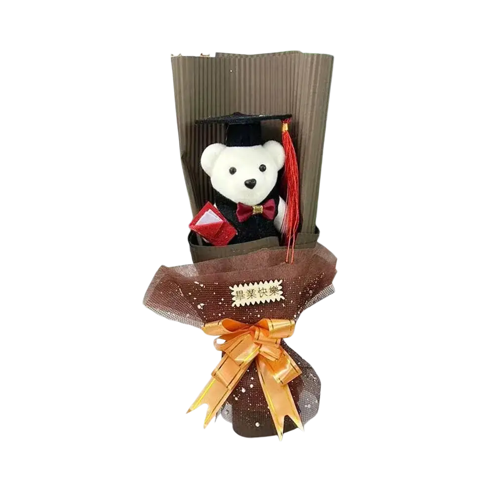 White plush graduation bear bouquet stuffed toy wearing black cap red tassel maroon bow tie holding miniature diploma