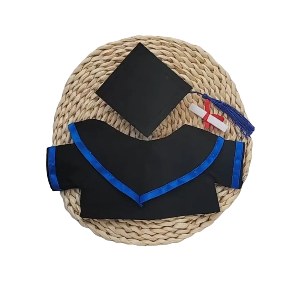 Black graduation cap and gown with blue trim and red and white tassel for graduation bear suit plush doll clothing