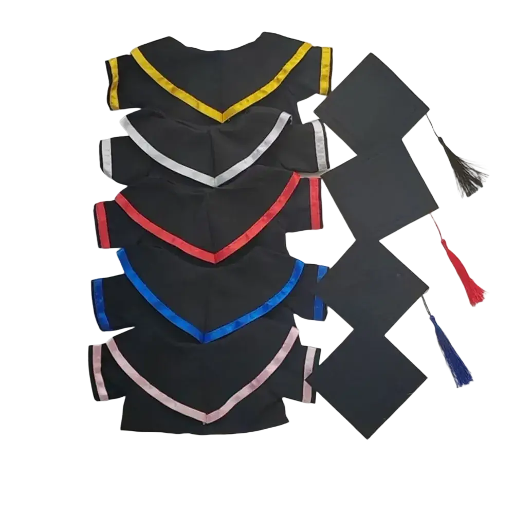 Graduation bear suit 30cm plush doll clothes featuring black gowns with colorful satin trim and matching black caps with tassels