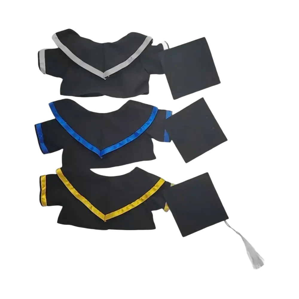 Graduation bear suit 30cm plush doll clothes featuring black gowns with silver blue and gold trim and matching black caps