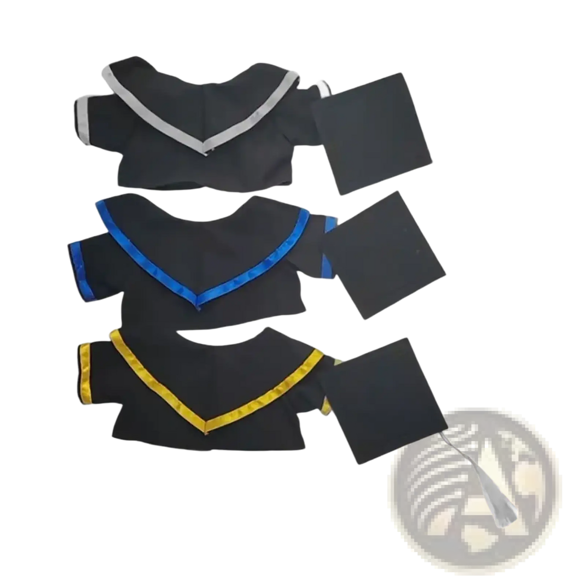 Graduation bear suit 30cm plush doll clothes featuring black gowns with silver blue and gold trim and matching black caps