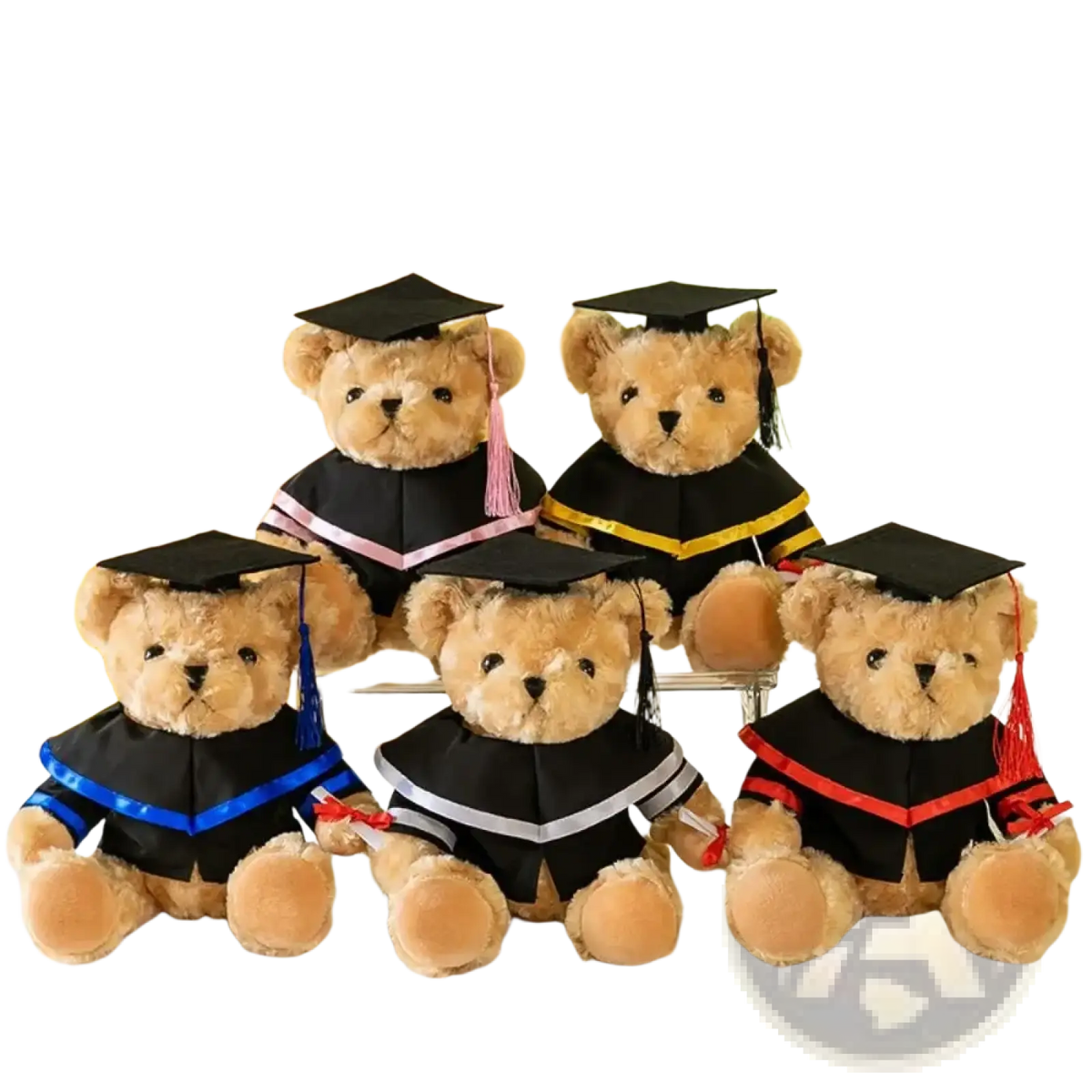 Five 30cm plush graduation bears dressed in black gowns with distinct colored trim and caps for celebration gifts