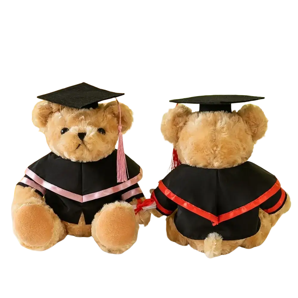 Two plush teddy bears wearing graduation gowns with pink and red tassels in 30cm bear suit plush clothes