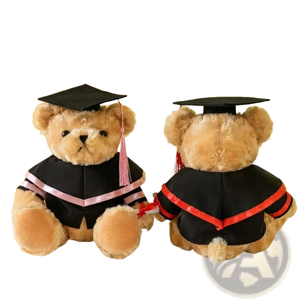 Two plush teddy bears wearing graduation gowns with pink and red tassels in 30cm bear suit plush clothes