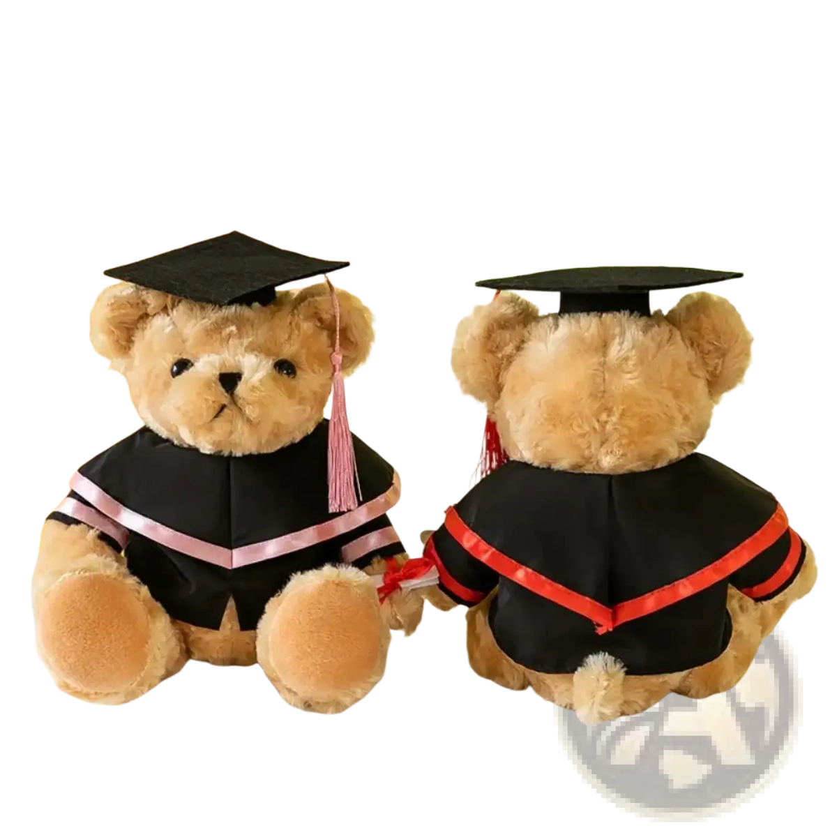 Two plush teddy bears wearing graduation gowns with pink and red tassels in 30cm bear suit plush clothes