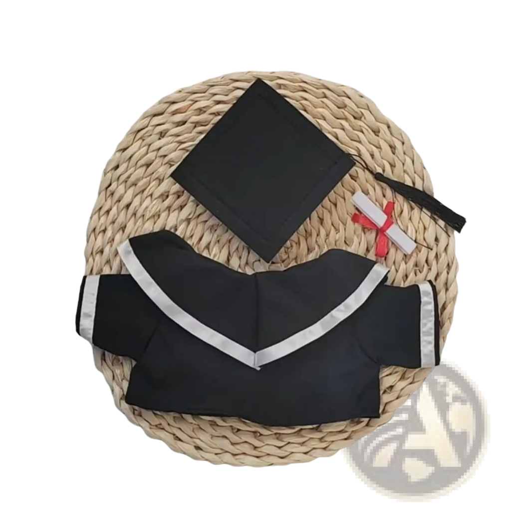 Black graduation gown with silver trim and matching cap for graduation bear suit 30cm plush doll displayed on woven mat