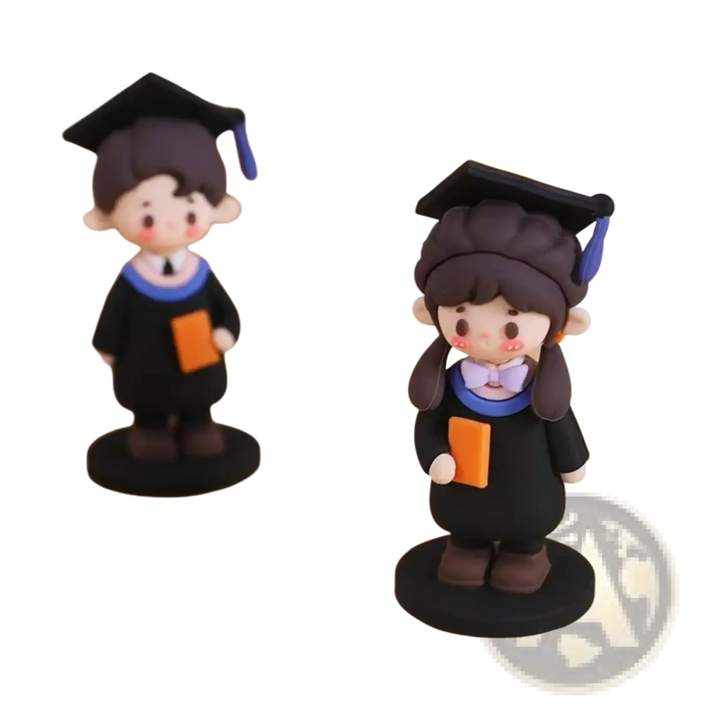 Graduation cake topper cute graduate figurine in black cap and gown with brown hair blue tassel and orange book