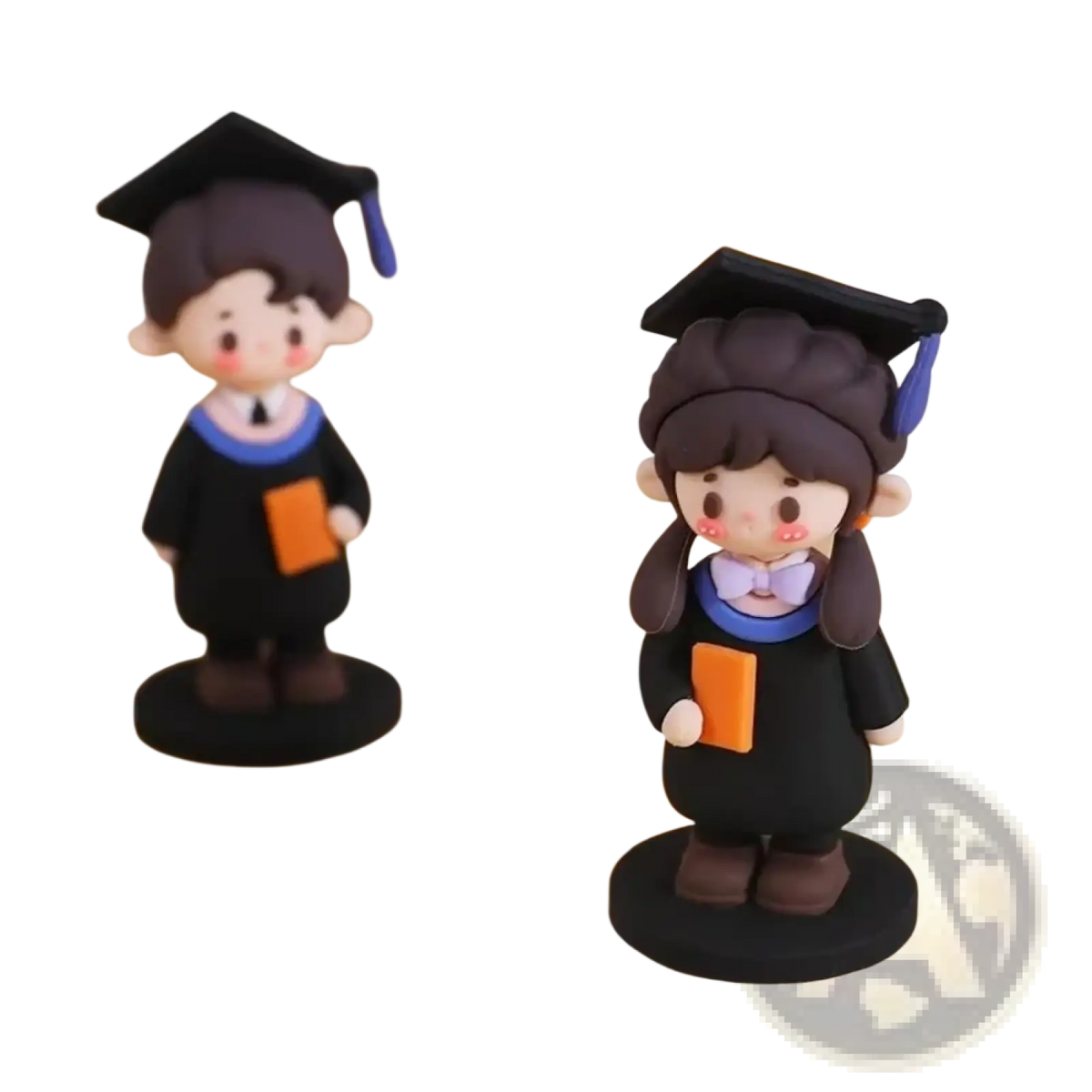 Graduation cake topper cute graduate figurine in black cap and gown with brown hair blue tassel and orange book