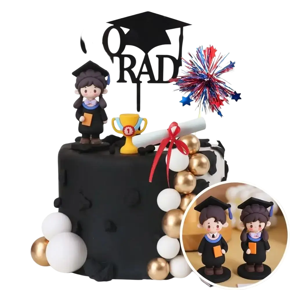 Black graduation cake topper featuring a cute cartoon graduate figurine with a grad sign and colorful sparkler decoration
