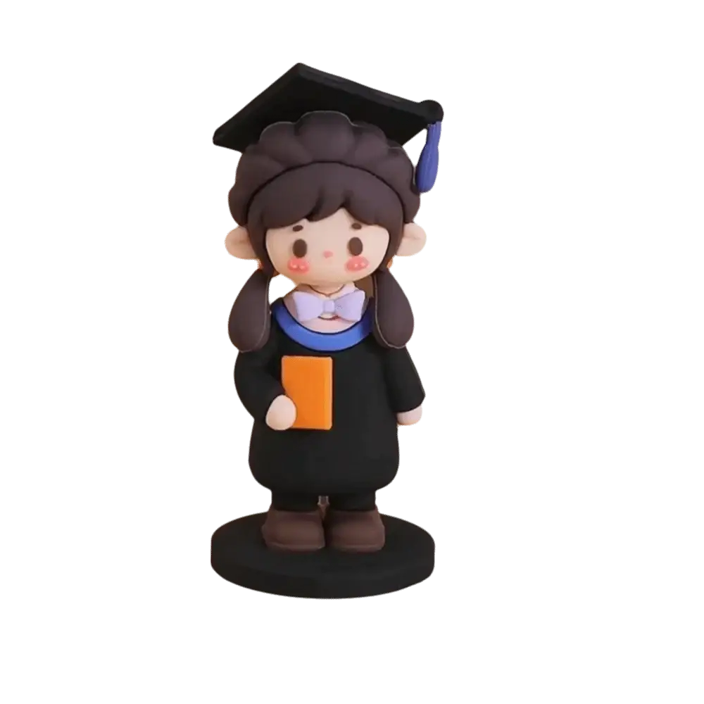 Graduation cake topper cute graduate figurine with brown hair black skin blue tassel cap and orange book