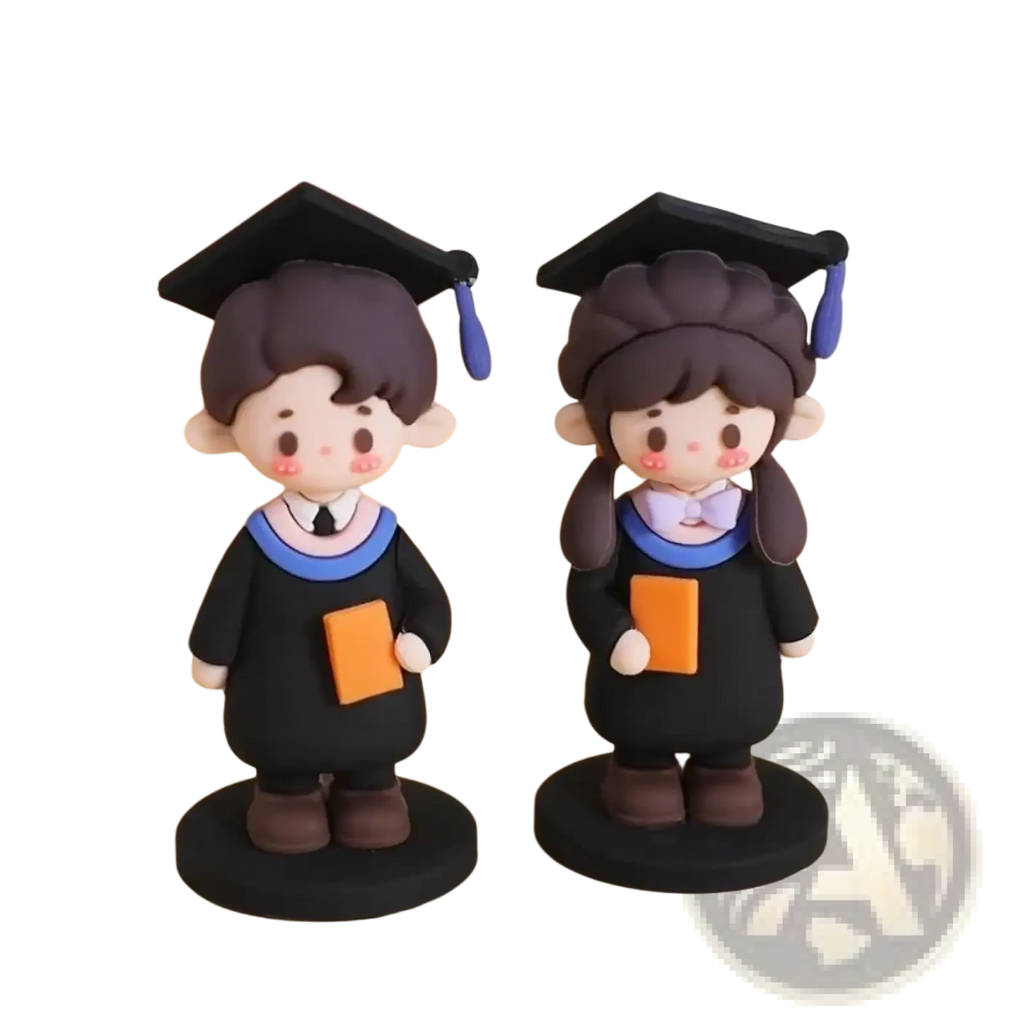 Graduation cake topper cute graduate figurine in black clay-like material with blue tassels and orange books
