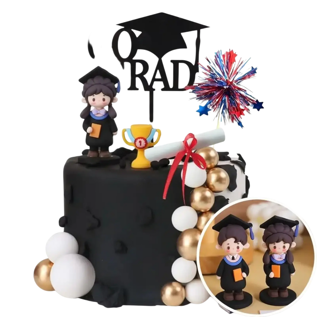 Black graduation cake topper featuring a go grad sign mortarboard and sparkler decoration for celebrations