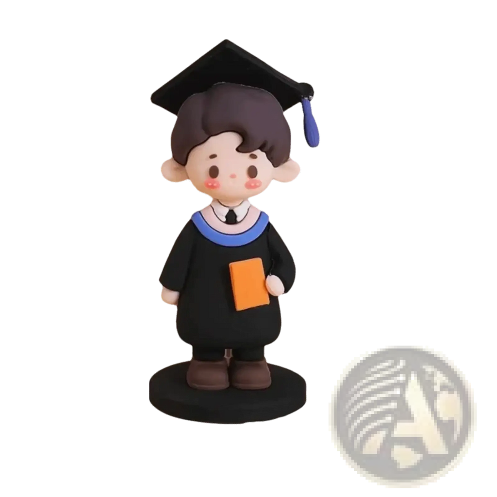 Graduation cake topper cute graduate figurine in black with brown hair blue trim and holding an orange book