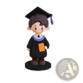 Graduation cake topper cute graduate figurine in black with brown hair blue trim and holding an orange book