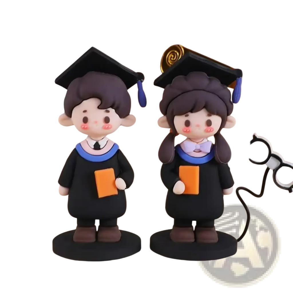 A pair of black graduation cake toppers with cartoon figures in caps and gowns holding orange books for celebration