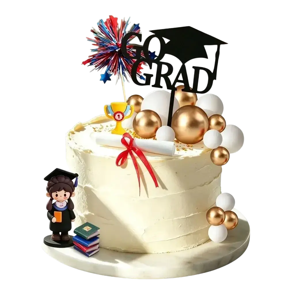 Graduation cake with white frosting adorned with gold spheres, red diploma, black grad cake topper, and cute graduate figurine