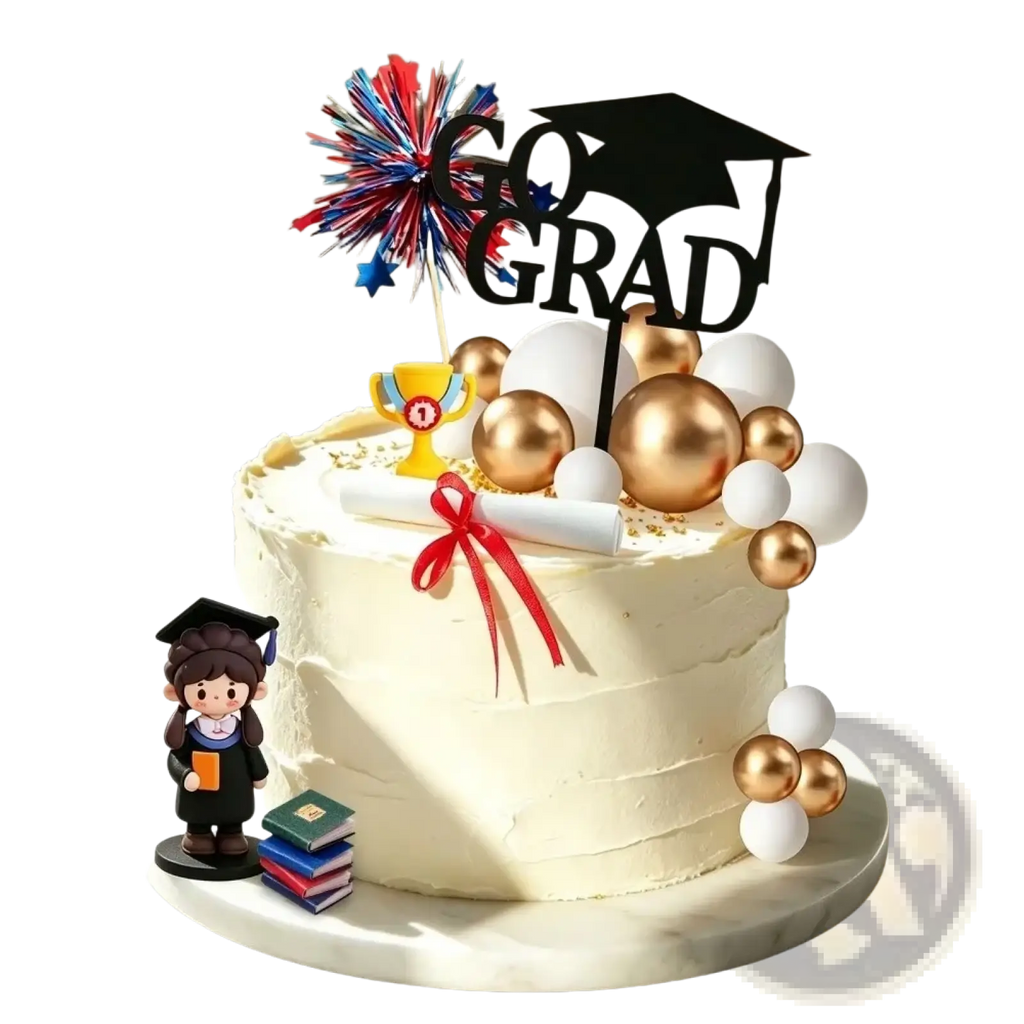 Graduation cake topper featuring a white frosted cake with gold and white balloons and a cute graduate figurine