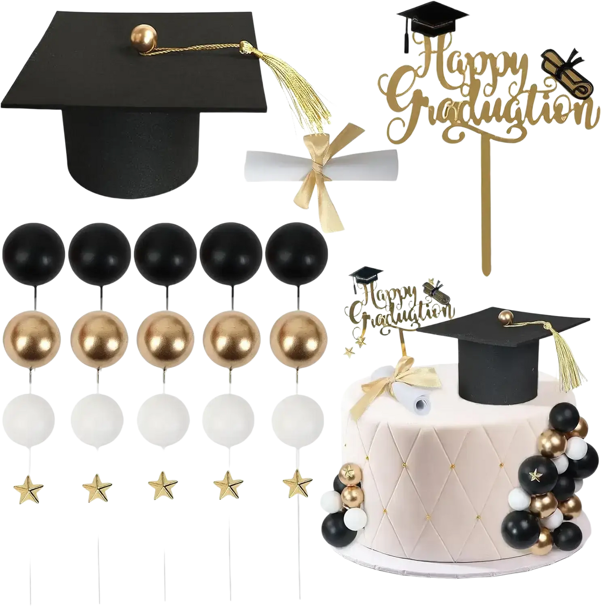 Black graduation cake topper with gold tassel and decorative topper on pink quilted graduation cake for senior party 2026