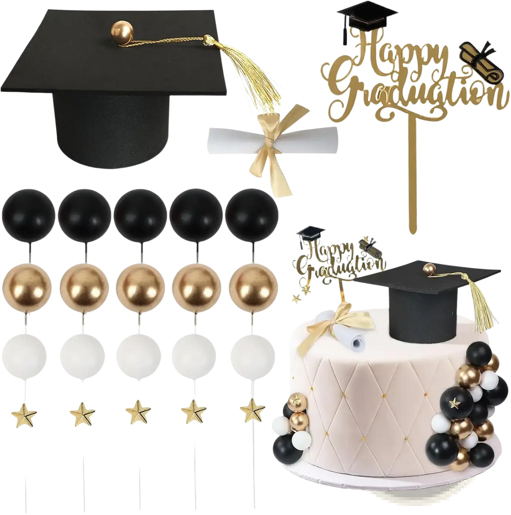 Graduation cake topper set featuring a black cap with gold tassel and decorative topper for 2026 senior party