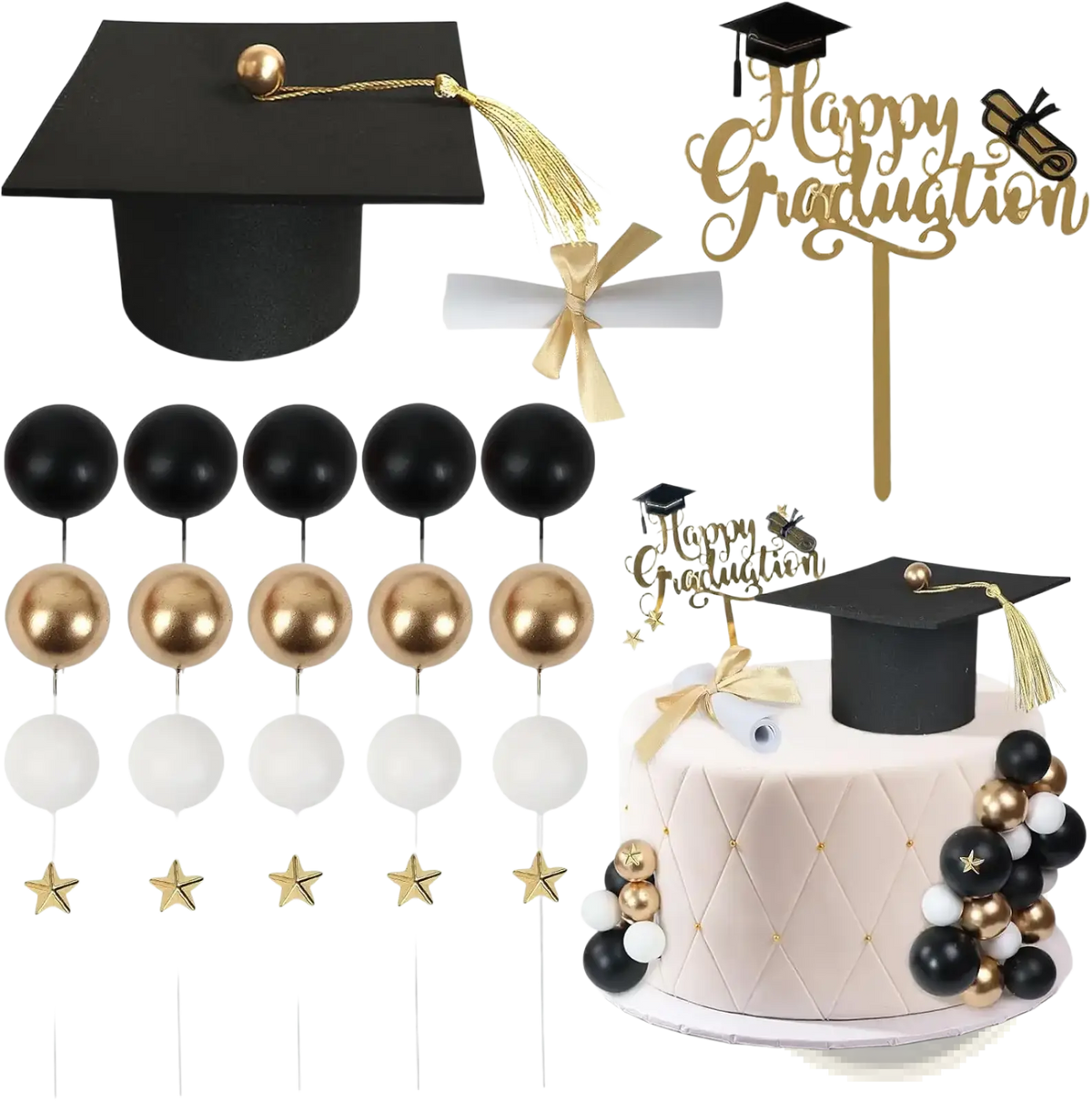 Graduation cake topper set featuring a black cap with gold tassel and decorative topper for 2026 senior party