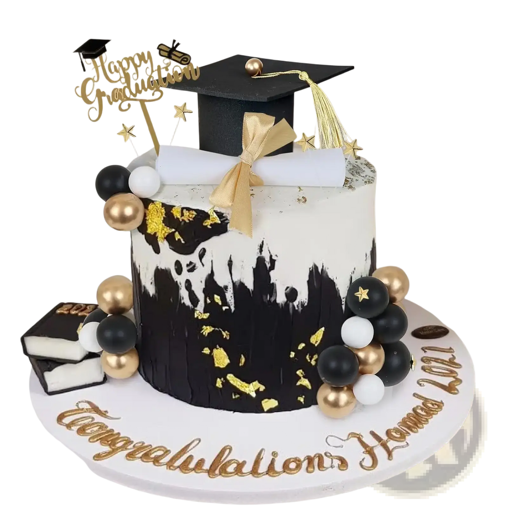 Graduation cake topper set for 2026 senior party with black and gold fondant cap diploma and decorative spheres