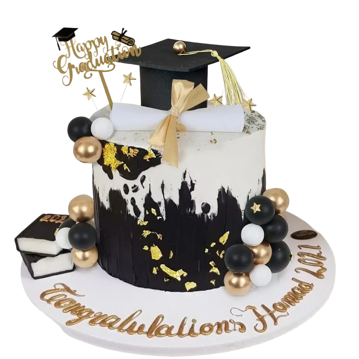 Graduation cake topper set for 2026 senior party featuring a black and white cake with gold leaf and decorative spheres