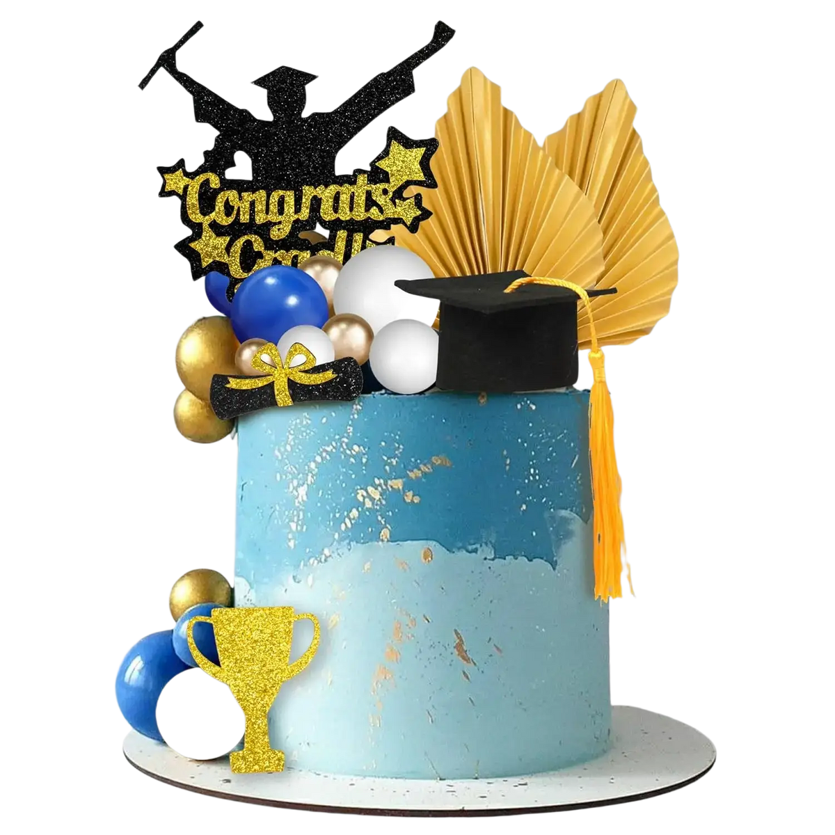 Graduation cake topper set 2026 featuring blue white ombre frosting gold leaf balloons black cap and glittery congrats topper
