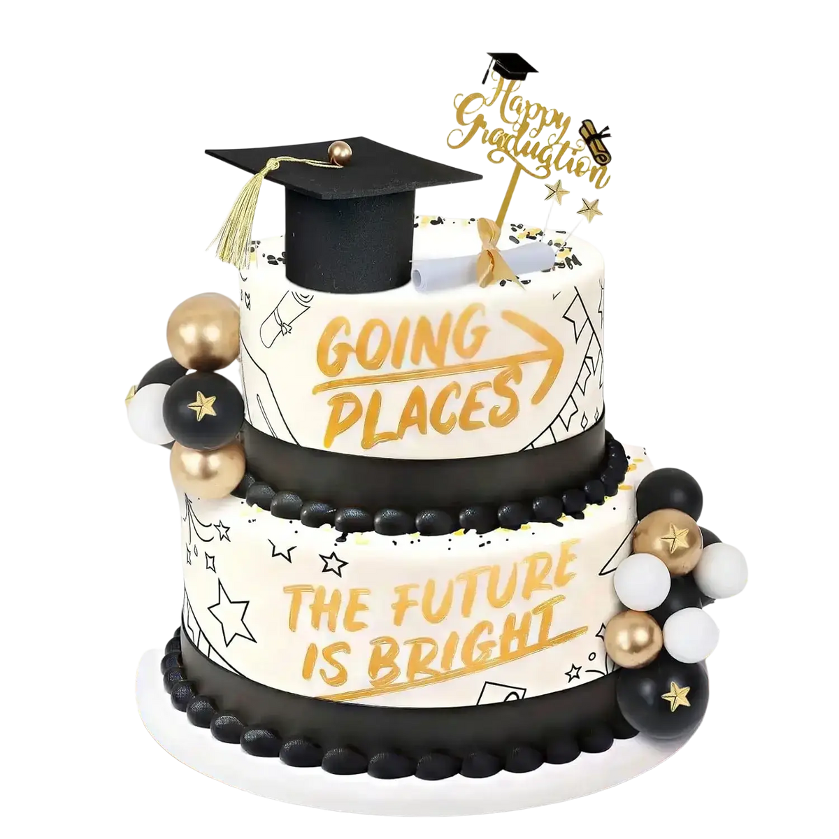 Two-tiered white graduation cake with black and gold graduation cake topper for 2026 senior party decoration