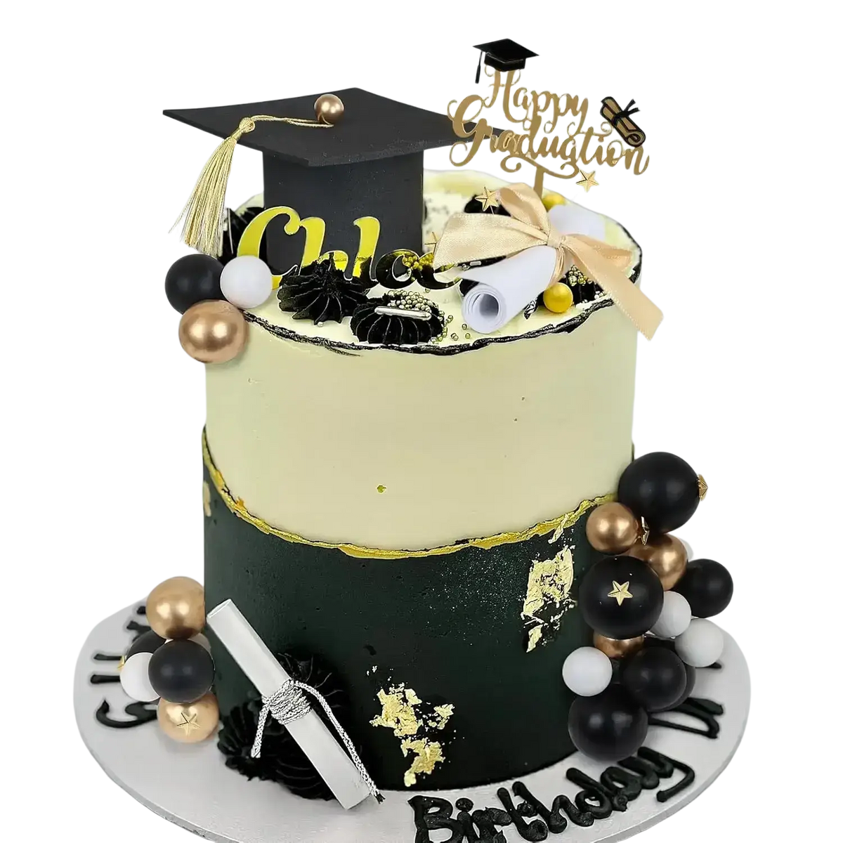 Graduation cake topper set featuring a two-tiered black and cream fondant graduation cake with gold accents and a black cap