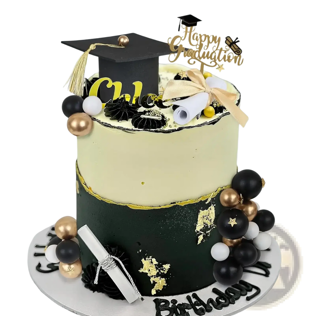 Two-tiered black and gold graduation cake with edible cap diploma scrolls and metallic spheres for 2026 senior party