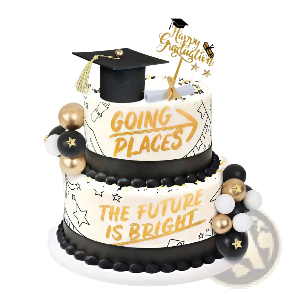 Graduation cake topper set for 2026 senior party with black graduation cap on white fondant cake with gold accents