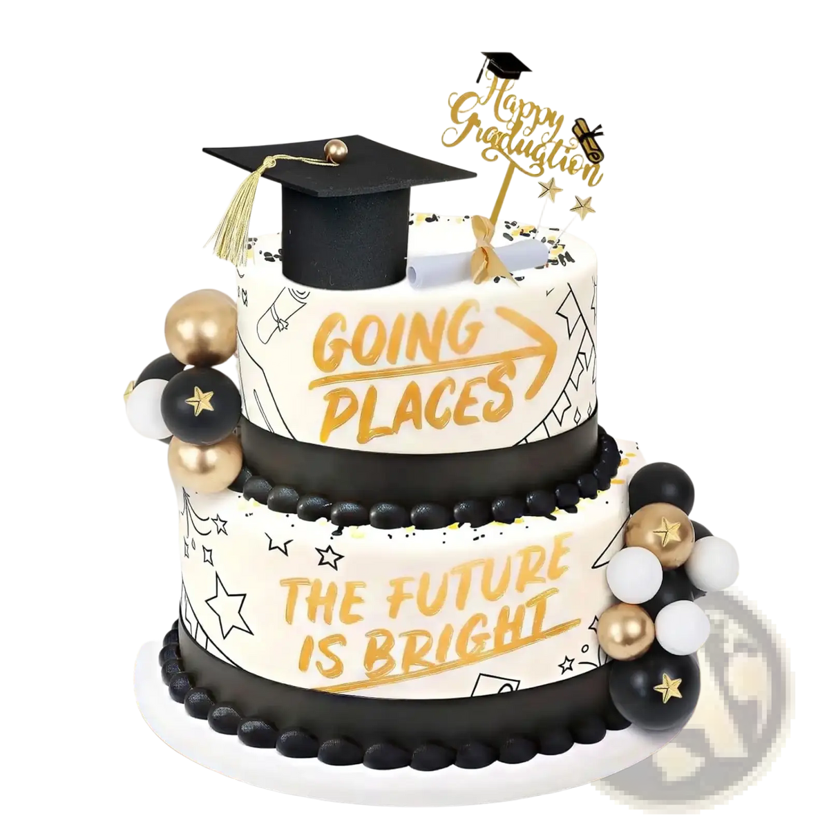 Graduation cake topper set for 2026 senior party with black graduation cap on white fondant cake with gold accents